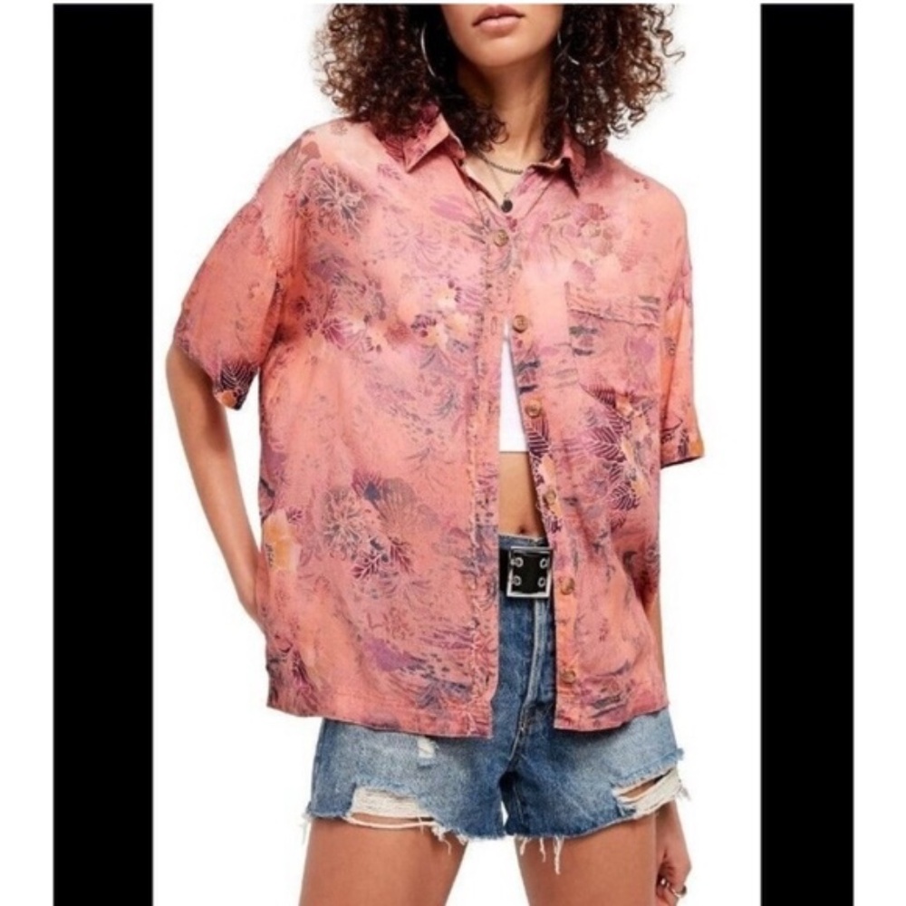 We The Free Good Vibes Coral Floral Button Down Blouse Size Xs